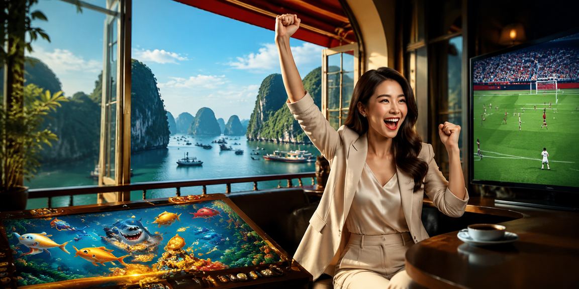 Người chơi thưởng thức cà phê và game bắn cá trên vịnh Hạ Long với giao diện tiếng Việt